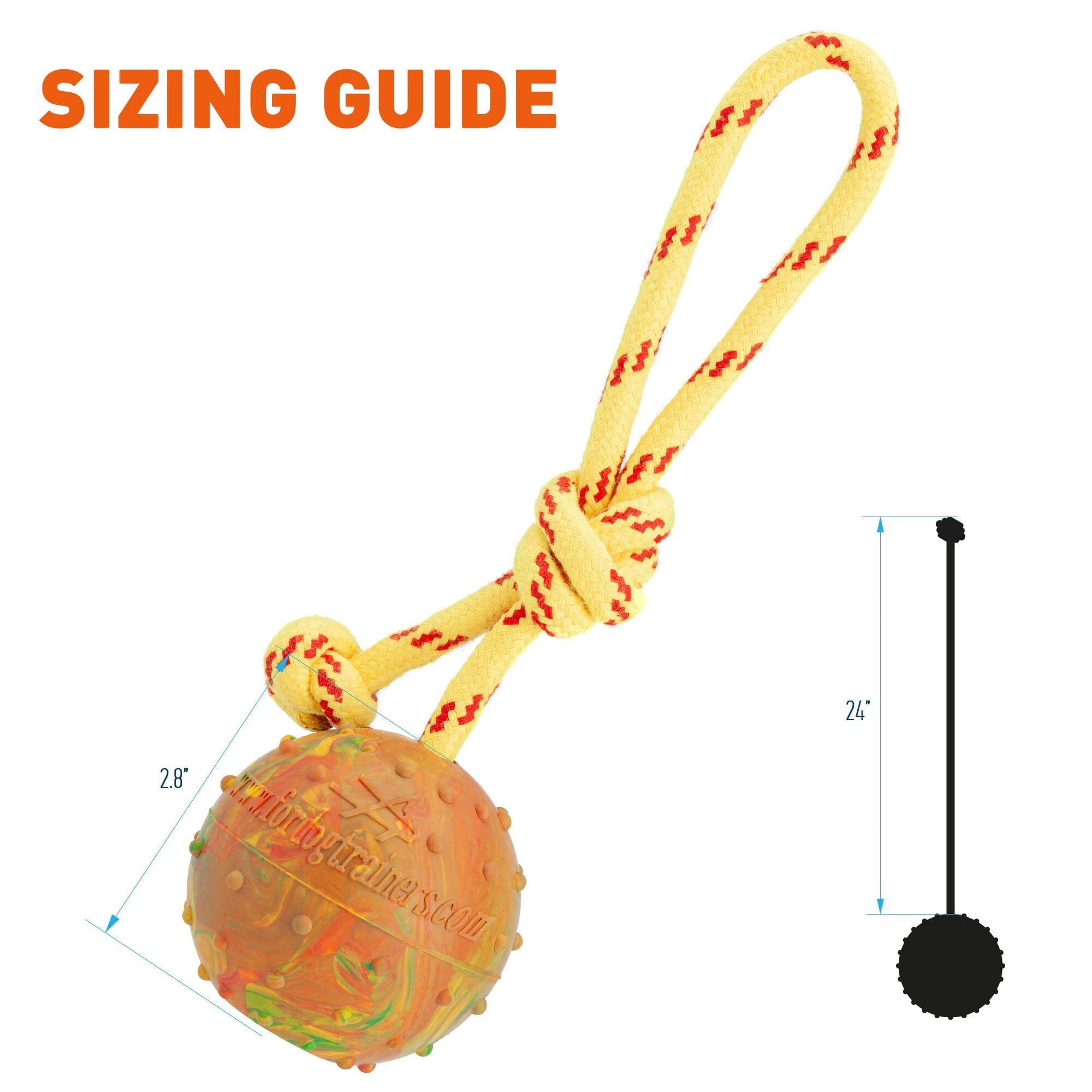 FDT Solid Rubber Dog Ball on Rope, Large - Diameter 2.75" (7 cm) by Dogline