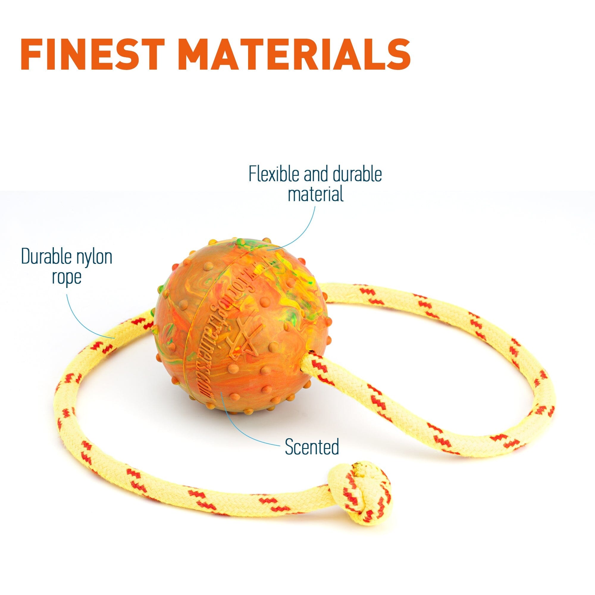 FDT Solid Rubber Dog Ball on Rope, Large - Diameter 2.75" (7 cm) by Dogline