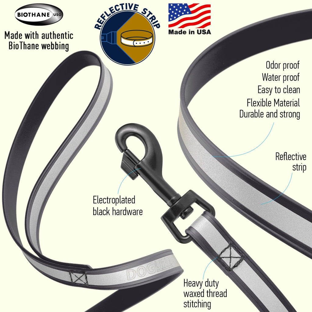 Reflective Biothane Dog Leash with Black Hardware by Dogline