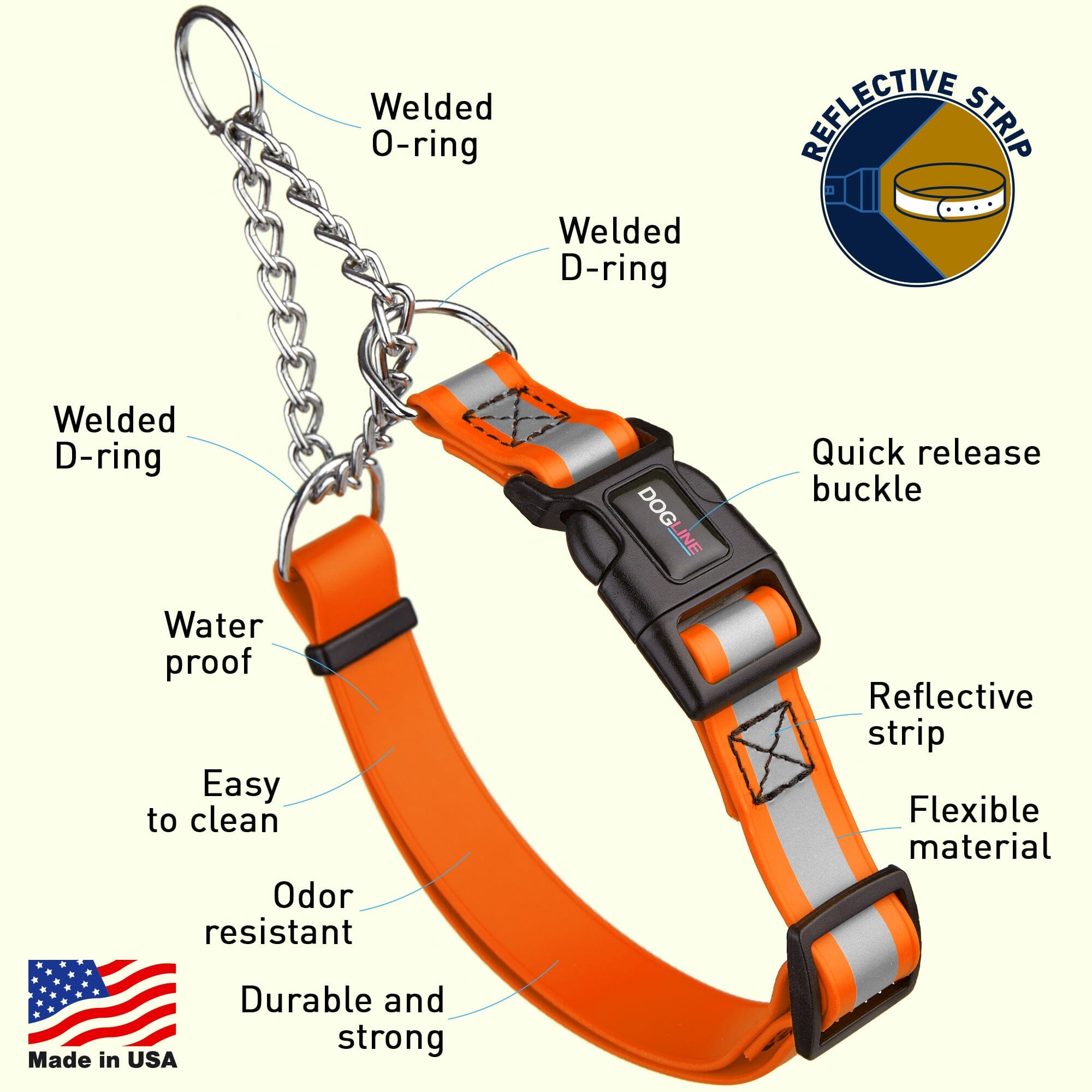 Reflective Biothane Martingale Collar with Quick Release Buckle by Dogline