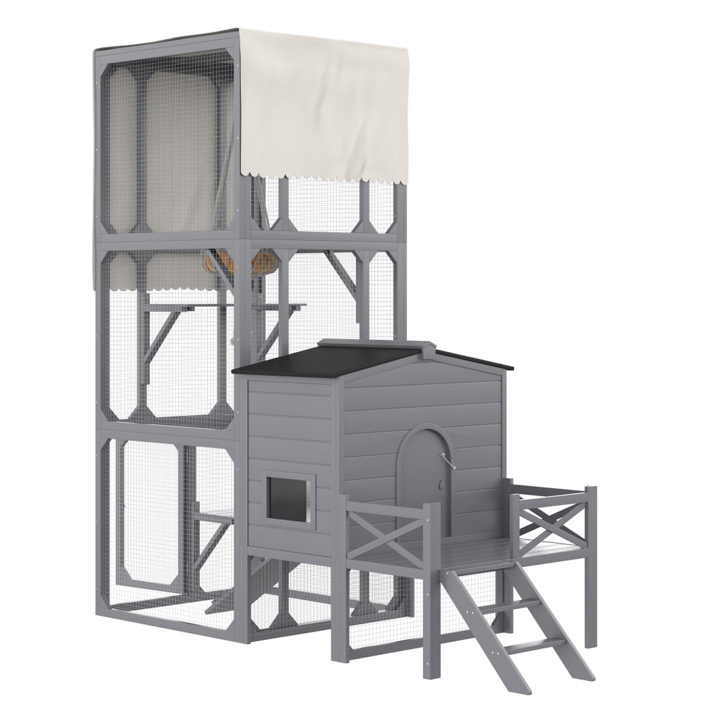 Catio Cat House Outdoor Large Cat Enclosure, Wooden Cat Cage For Multiple Cats With Jumping Platforms And Cat Swing, Removable Waterproof Cover, UV Resistant, 2 Combination, Gray by VetsPetStore