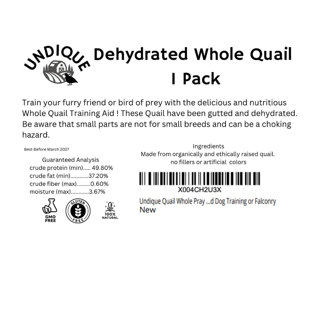 Quail Whole Pray dehydrated for Bird Dog Training or Falconry by Quailz.com by Undique LLC