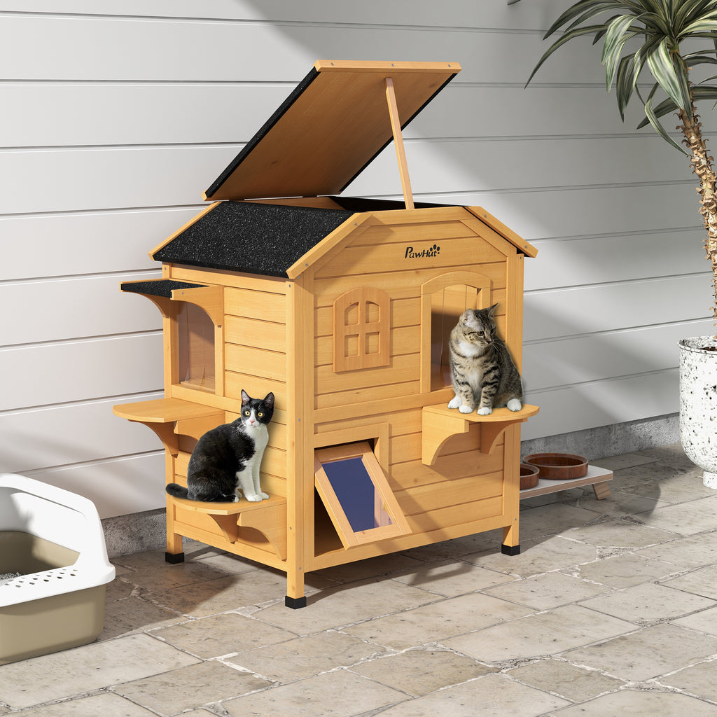 2-Story Wooden Outdoor Feral Cat Shelter With Escape Door Asphalt Roof by VetsPetStore