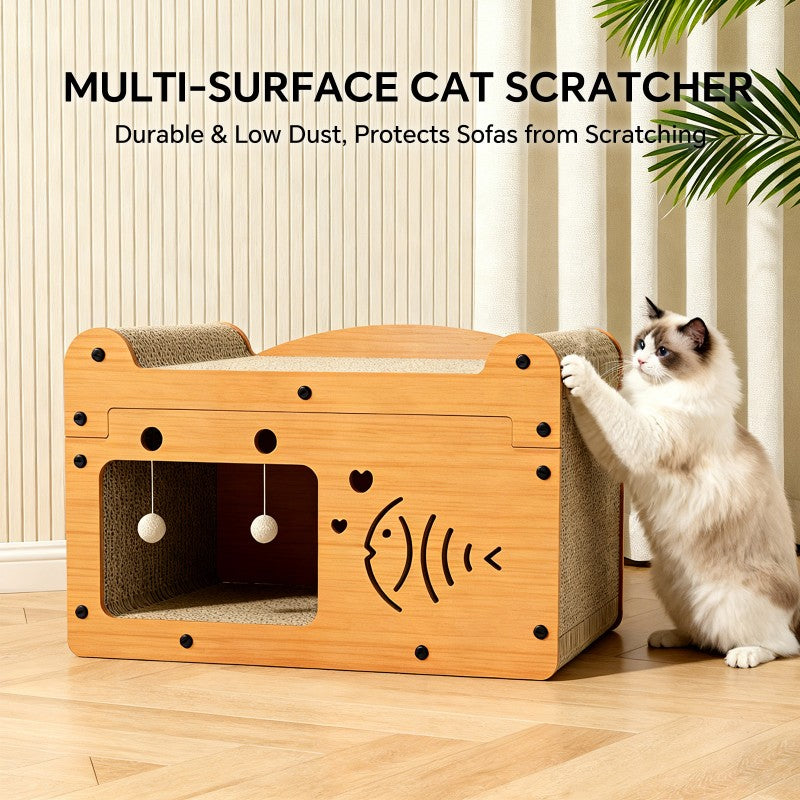 Fish Shape Cat Scratcher Sofa, With 2 Teaser Balls, Wood -Corrugated Scratcher by Love My Pet