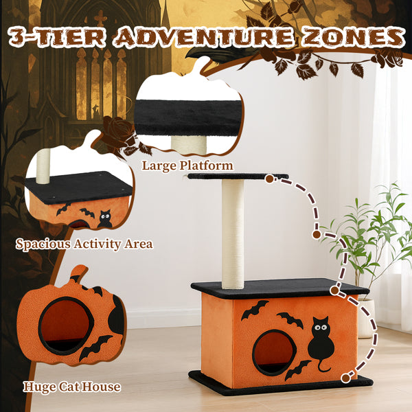 Halloween Cat Tree,  For Indoor Cats, Large Platform, Sisal Scratching Post,