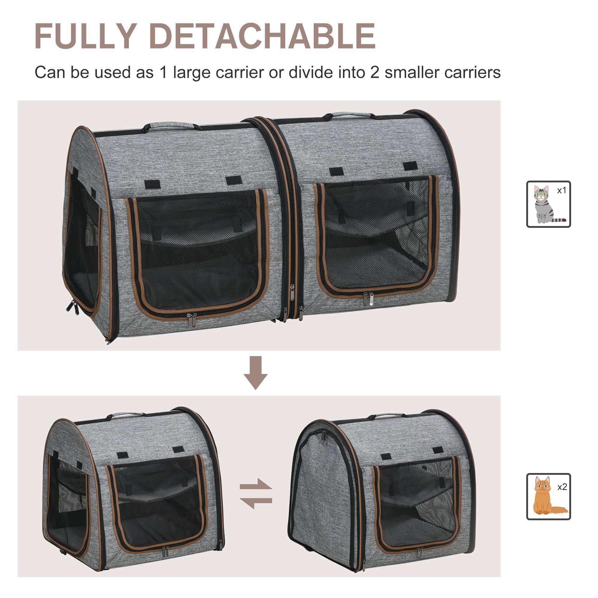 Portable Soft-sided Cat Carrier With Divider, Two Compartments, Padded And Storage Bag, Grey by VetsPetStore