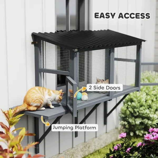 Wooden Cat Catio, Outdoor Cat Enclosure Window Perch With Jumping Platform