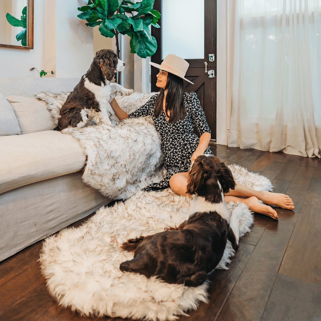 PupRug® Runner Faux Fur Memory Foam Dog Bed - Curve White with Brown Accents by Paw.com