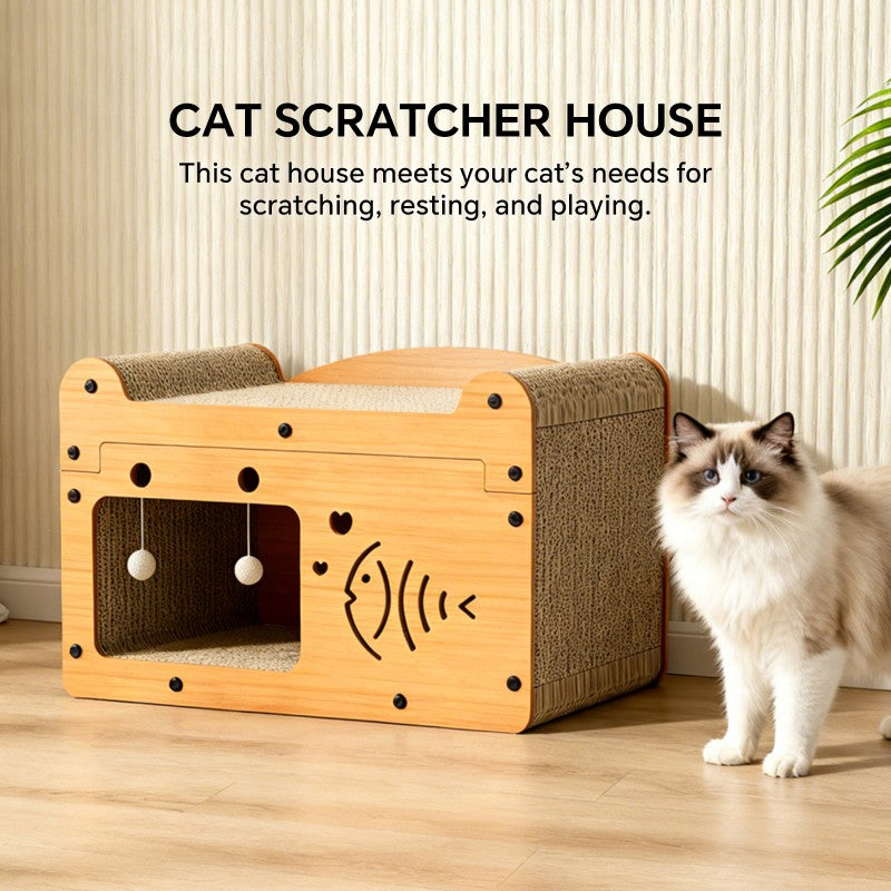 Fish Shape Cat Scratcher Sofa, With 2 Teaser Balls, Wood -Corrugated Scratcher by Love My Pet