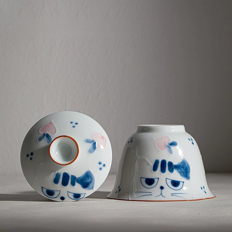 Hand-painted Blue Cat Ceramic Bowl and Tea Set by Love My Pet