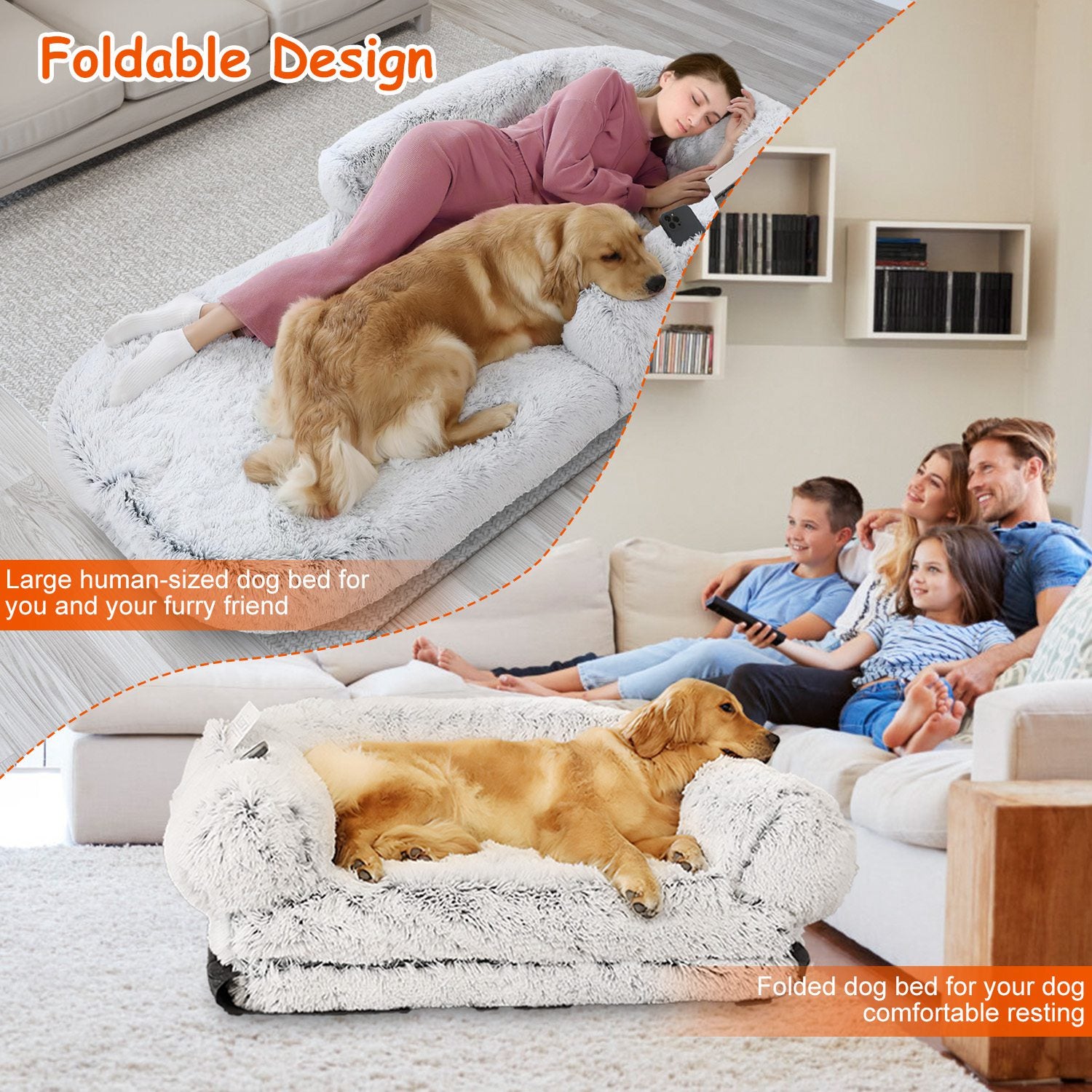 1Pc Large Foldable Human Size Dog Bed With Pillow Blanket, Washable, Zipper Removable Cover For Pets Grey 71x45x10in