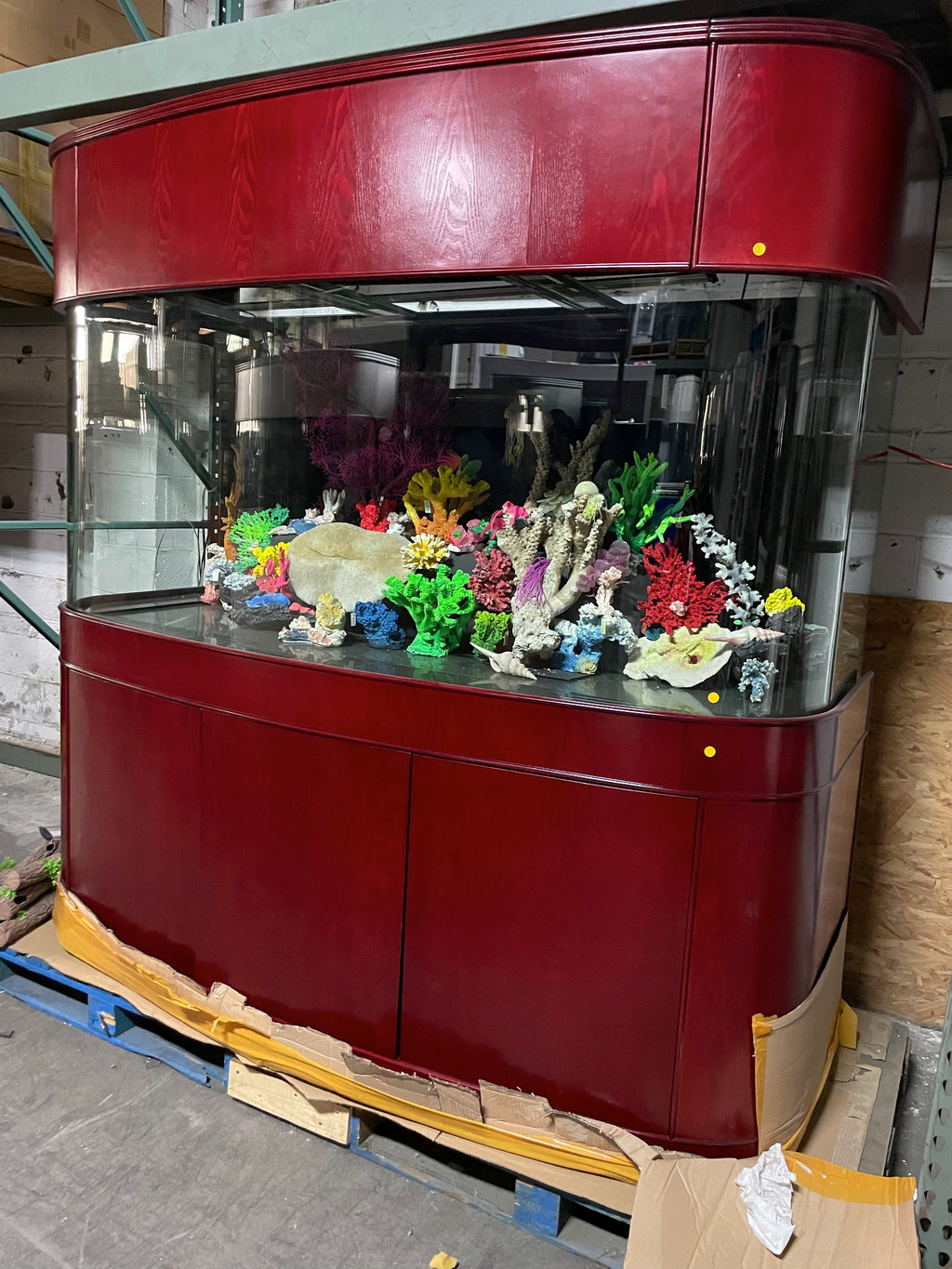 380 Gallon Seamless Glass Bowfront Reef-Ready Aquarium in Rose Cherry Real Wood Furniture