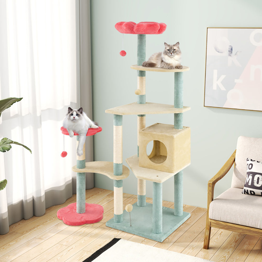 61 Inch Multi-Level Aesthetic Floral Cat Tower with Flower-Shaped Padded Perch