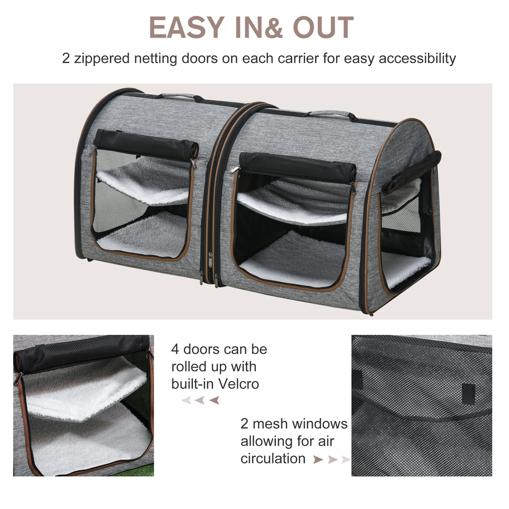 Portable Soft-sided Cat Carrier With Divider, Two Compartments, Padded And Storage Bag, Grey by VetsPetStore