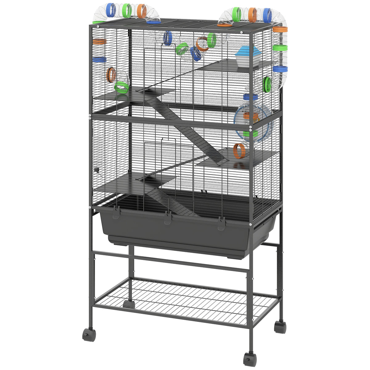 5 Tier Rolling Hamster Cage with Deep Tray, Storage Shelf, Big Exercis ...