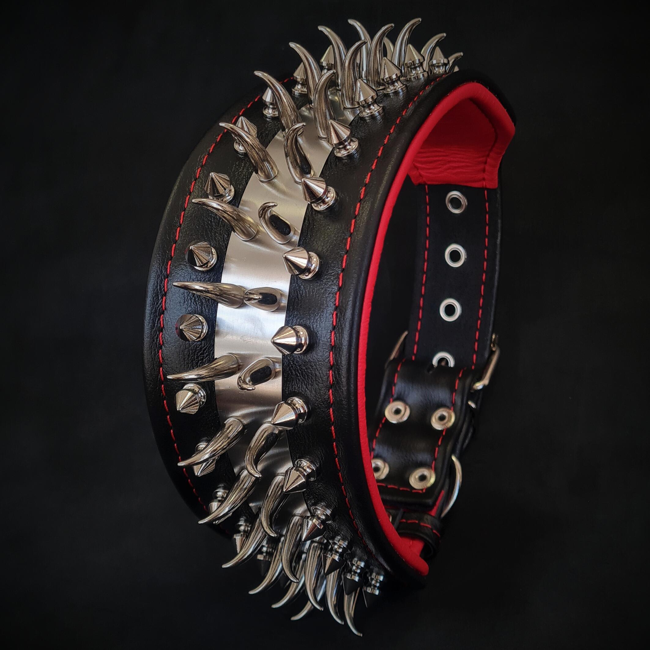 Set collar and leash. spikes & stainless steel, 2.8 inch wide. Made in Europe! by Bestia Dog Gear