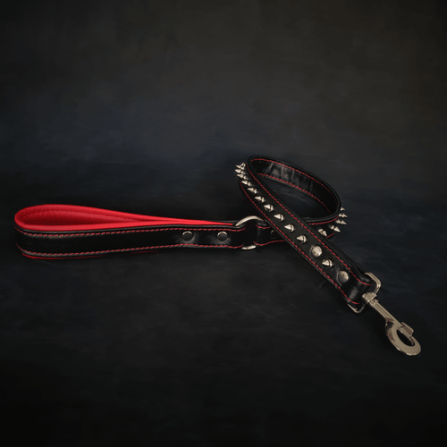 Black soft leather short spiked leash by Bestia Dog Gear