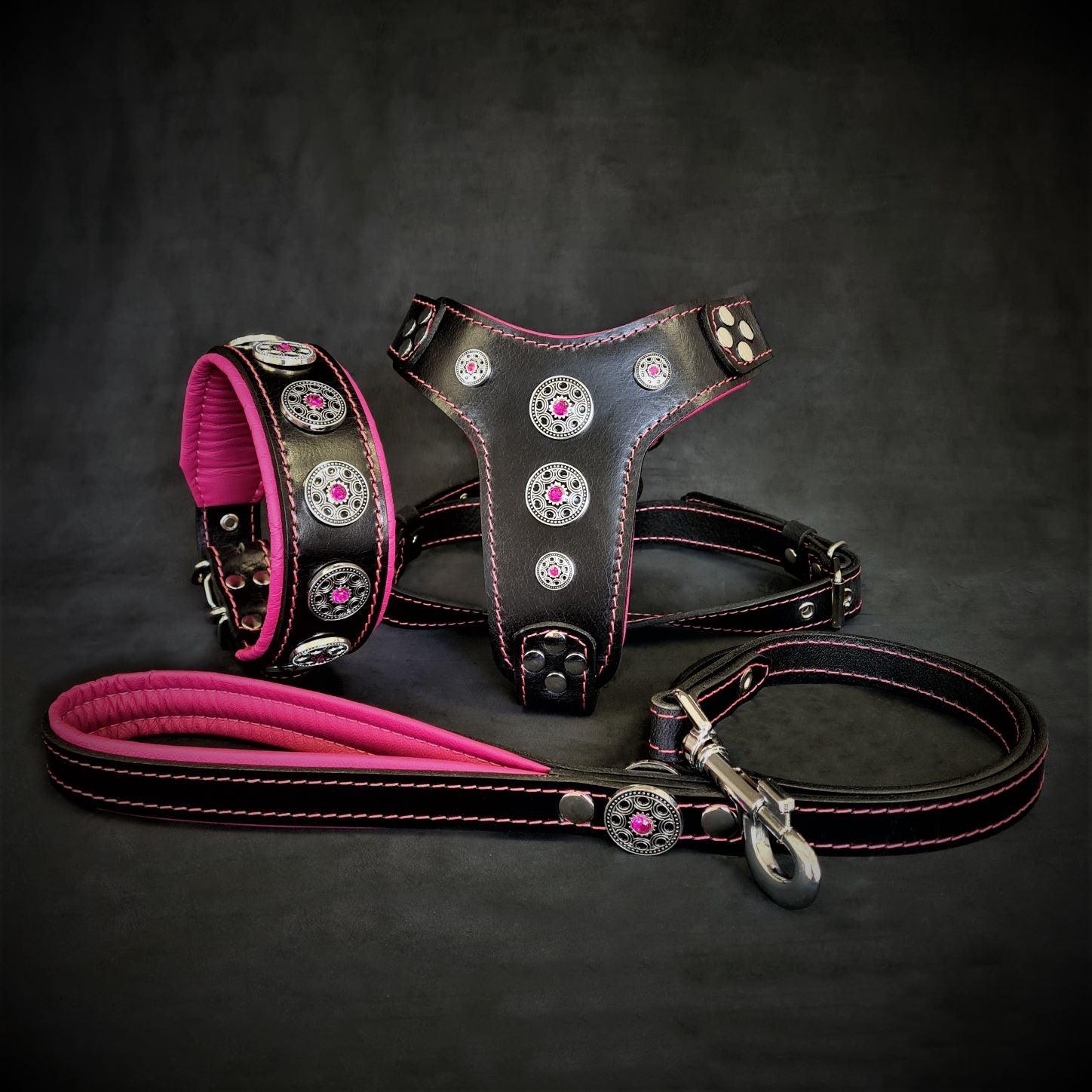 The ''Bijou'' SET - Collar, Harness, Leash. Pink by Bestia Dog Gear