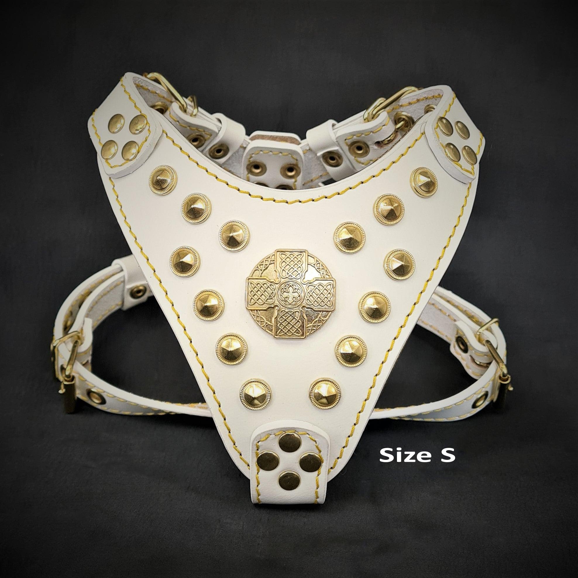 The ''Maximus'' harness White & Gold Small to Medium Size by Bestia Dog Gear