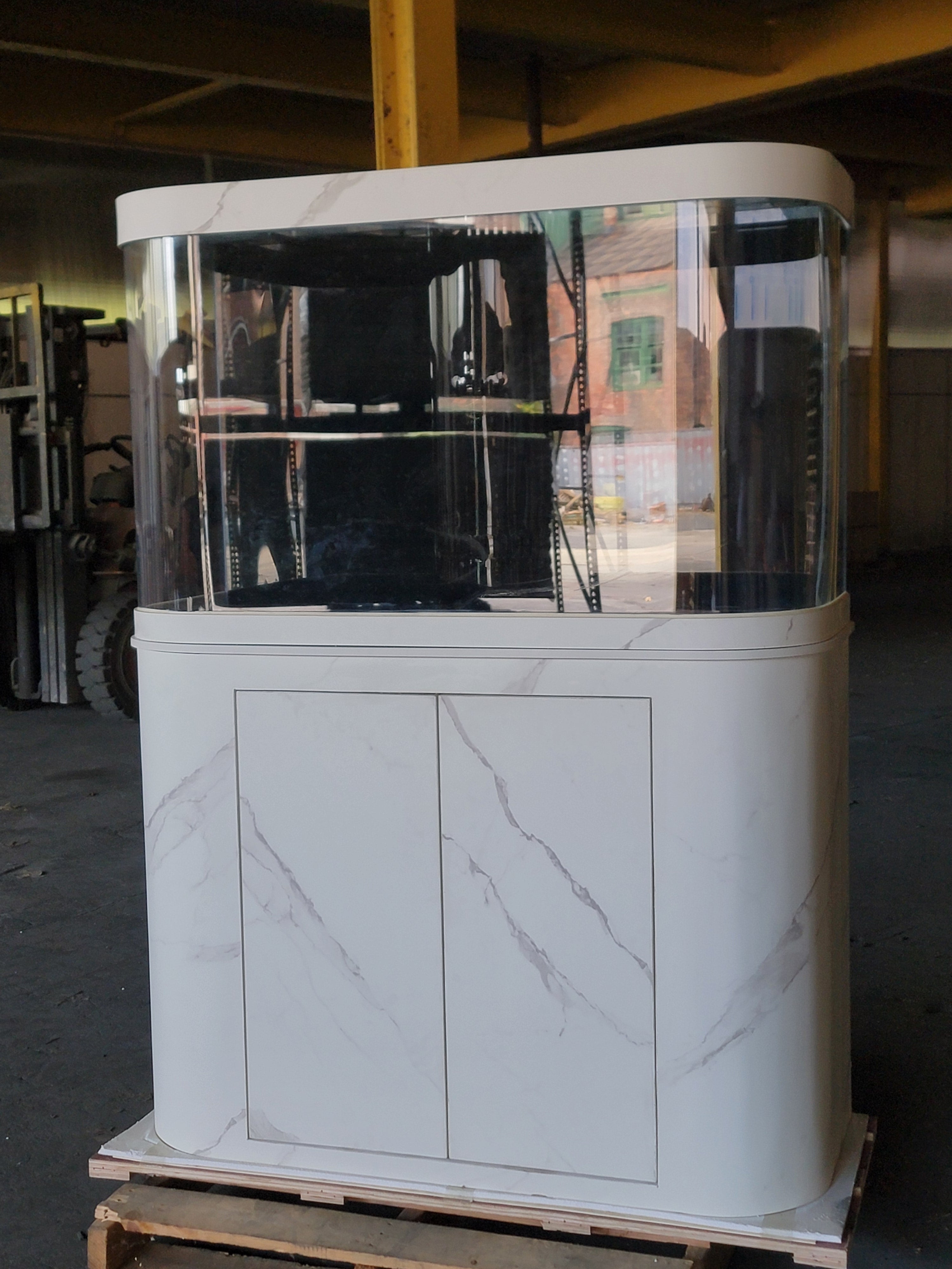 120g Curved Panoramic Flat Bowfront Glass Reef-Ready Aquarium in Marble Finish Stand by Northeast Aquariums LLC