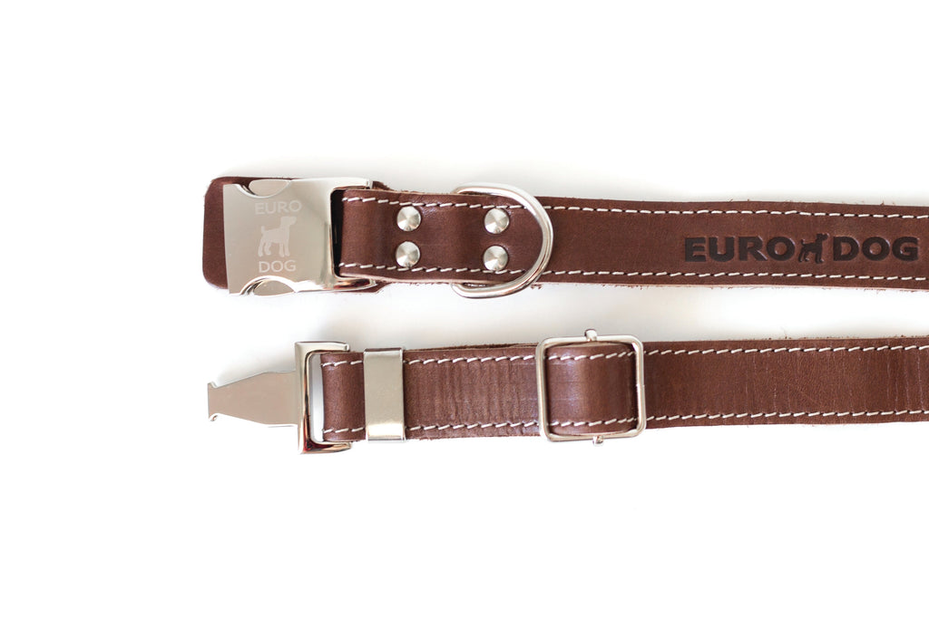Pro Line Quick-Release Chocolate Leather Dog Collar with Metal Buckle by Euro-Dog Collars and Leads