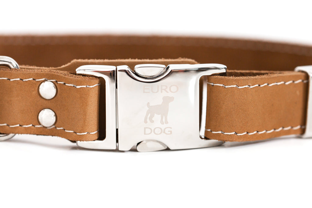 Pro Line Quick-Release Khaki Leather Dog Collar with Metal Buckle by Euro-Dog Collars and Leads