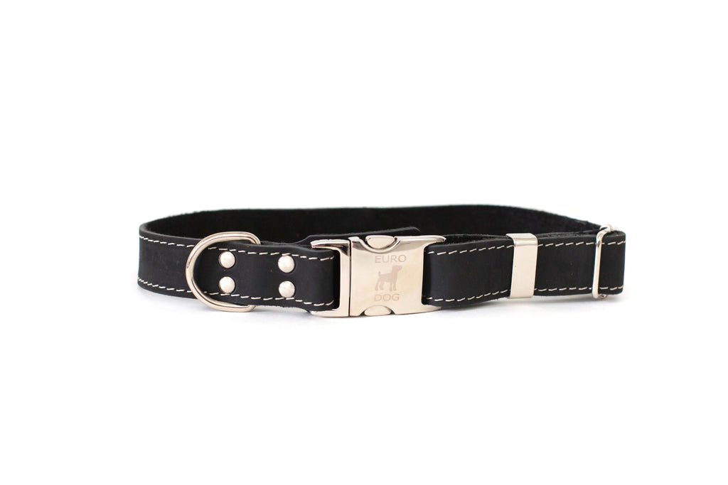 Bestseller Quick-Release Midnight Black Leather Dog Collar with Metal Buckle by Euro-Dog Collars and Leads