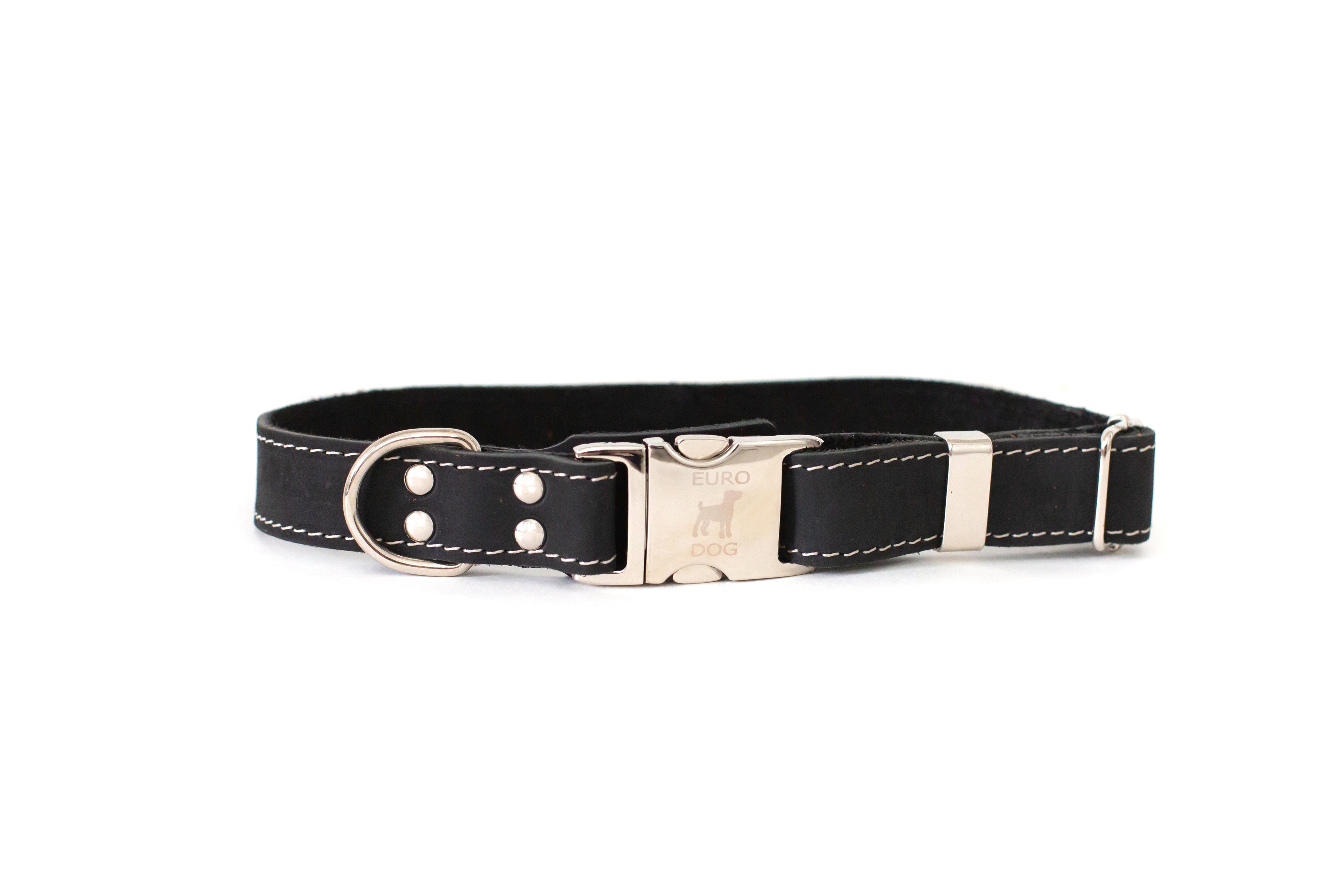 Bestseller Quick-Release Midnight Black Leather Dog Collar with Metal Buckle by Euro-Dog Collars and Leads