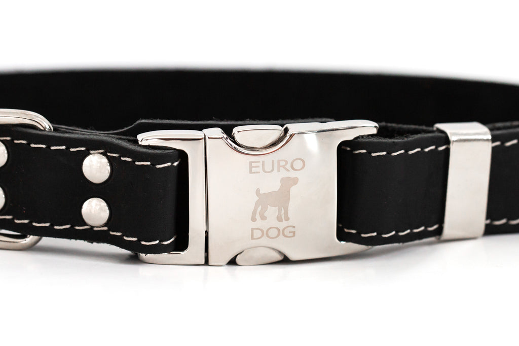 Bestseller Quick-Release Midnight Black Leather Dog Collar with Metal Buckle by Euro-Dog Collars and Leads