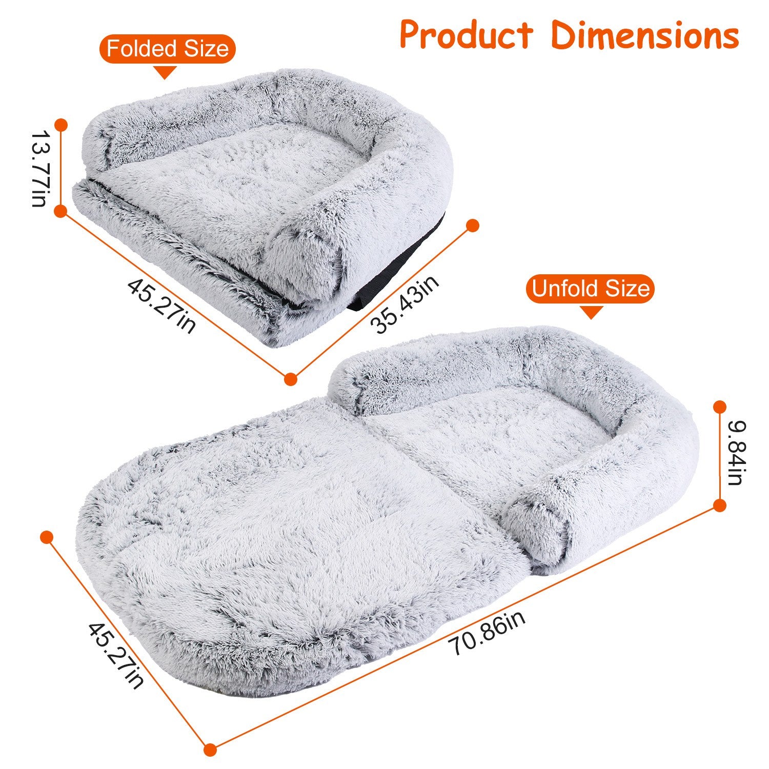 1Pc Large Foldable Human Size Dog Bed With Pillow Blanket, Washable, Zipper Removable Cover For Pets Grey 71x45x10in