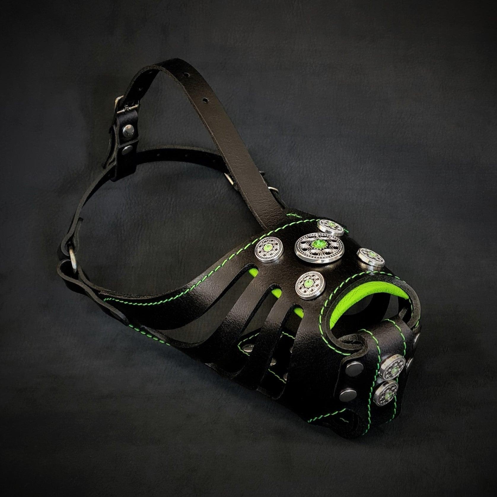 The ''Bijou'' Basket Muzzle Black & Green by Bestia Dog Gear