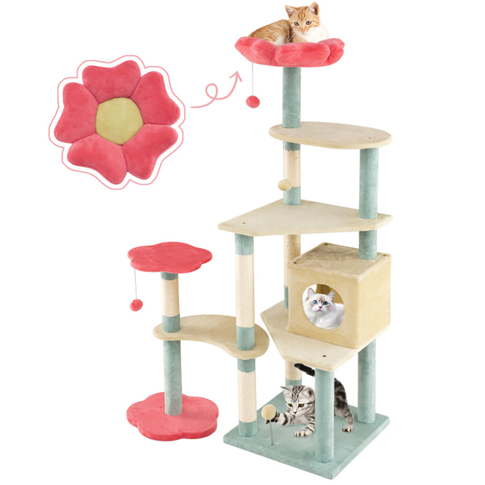 61 Inch Multi-Level Aesthetic Floral Cat Tower with Flower-Shaped Padded Perch