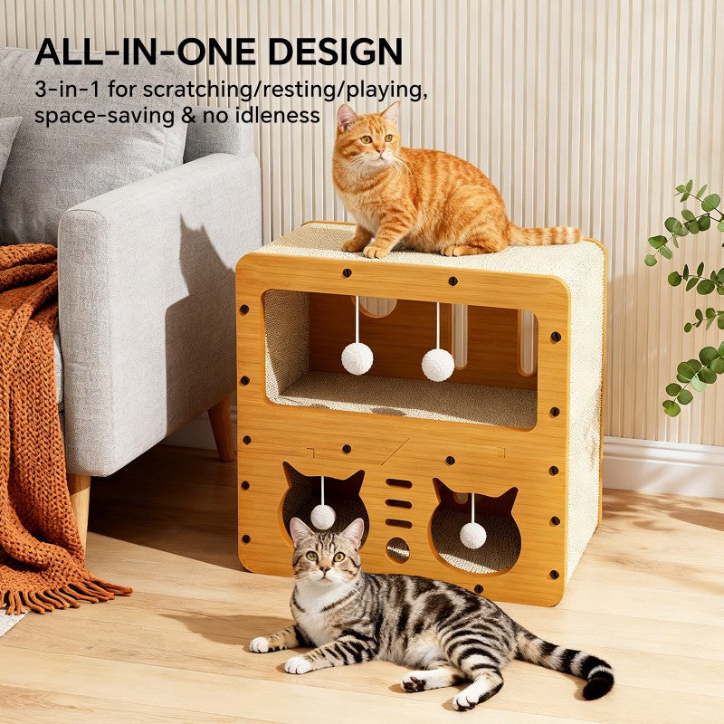 Cat Scratcher Sofa, With 4 Teaser Balls, Wood -Corrugated Scratcher by VetsPetStore
