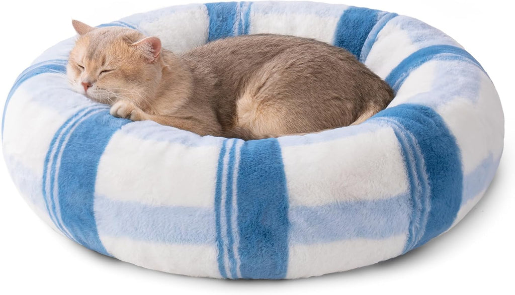 Plush Round Bed For Indoor Cats - Calming Washable Pet Bed With Non-Slip Bottom.