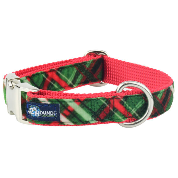 Christmas Plaid Green Velvet Essential Martingale Dog Collar (1″ Only) by 2 Hounds Design