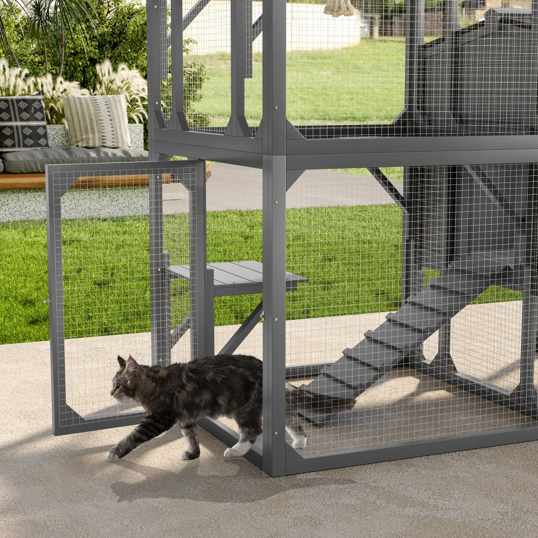 Catio Cat House Outdoor Large Cat Enclosure, Wooden Cat Cage For Multiple Cats With Jumping Platforms And Cat Swing, Removable Waterproof Cover, UV Resistant, 2 Combination, Gray by VetsPetStore