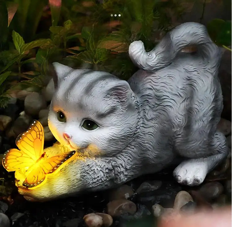 Solar Light Butterfly And Cat Resin Outdoor Sculpture by Love My Pet