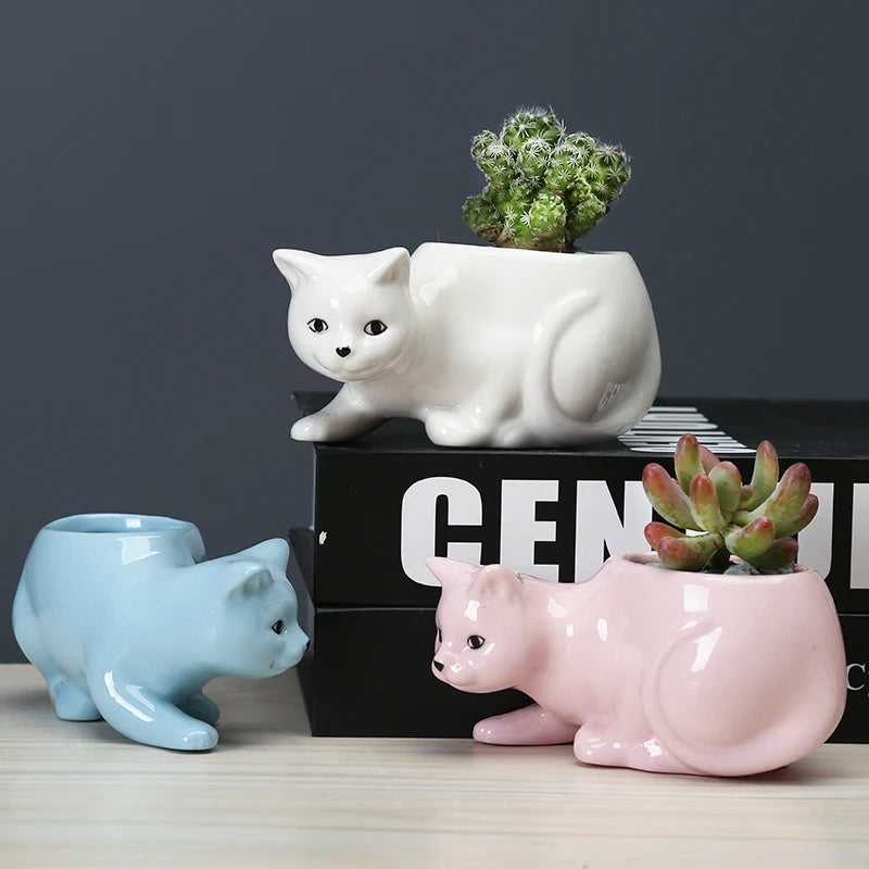 White Ceramic Cat Flower Pot with Tray