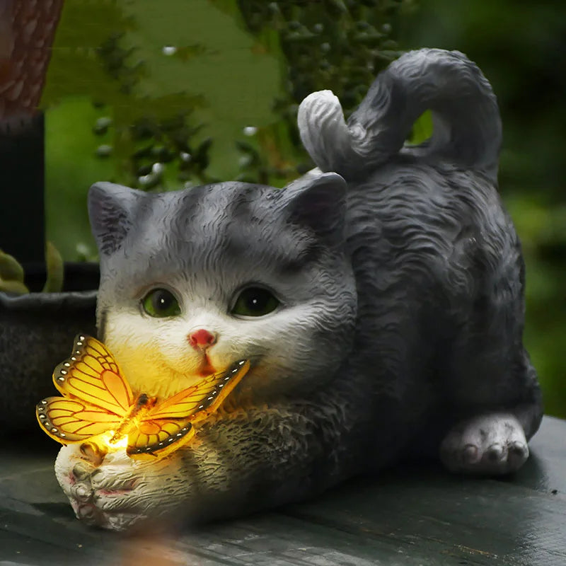 Solar Light Butterfly And Cat Resin Outdoor Sculpture by Love My Pet