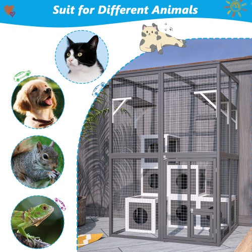 Outdoor Wooden Cat Catio Playpen With 2 Jumping Platforms