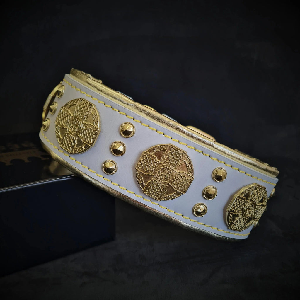 The "Maximus" collar 2.5 inch wide white & gold by Bestia Dog Gear