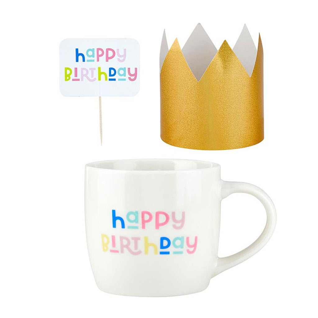 3 Piece Happy Birthday Mug Cake Gift Set | Coffee Mug Mini Crown Cupcake Topper by The Bullish Store
