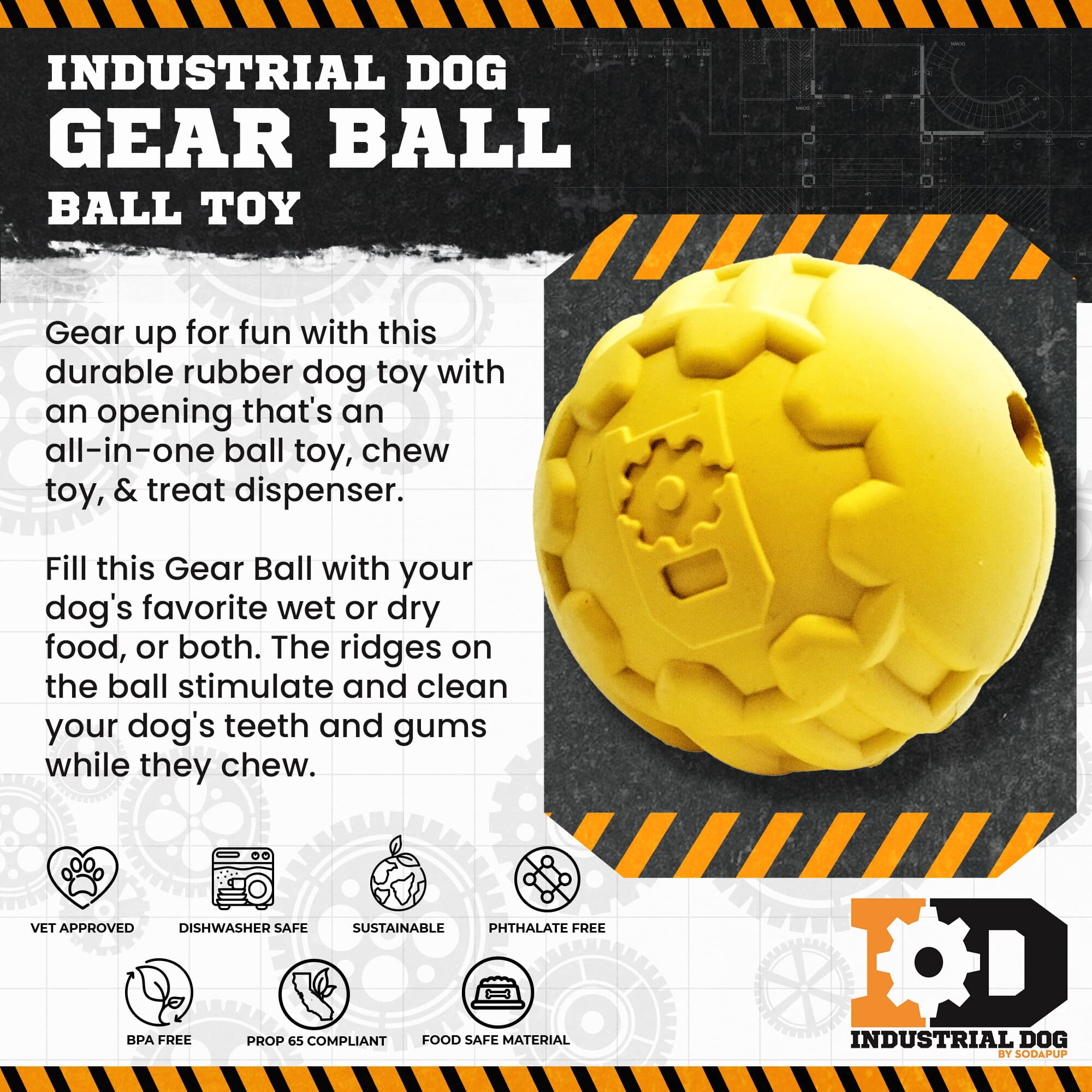 Industrial Dog Ball Rubber Chew Toy for Heavy Chewers | Yellow | USA Made | SodaPup by SodaPup/True Dogs, LLC