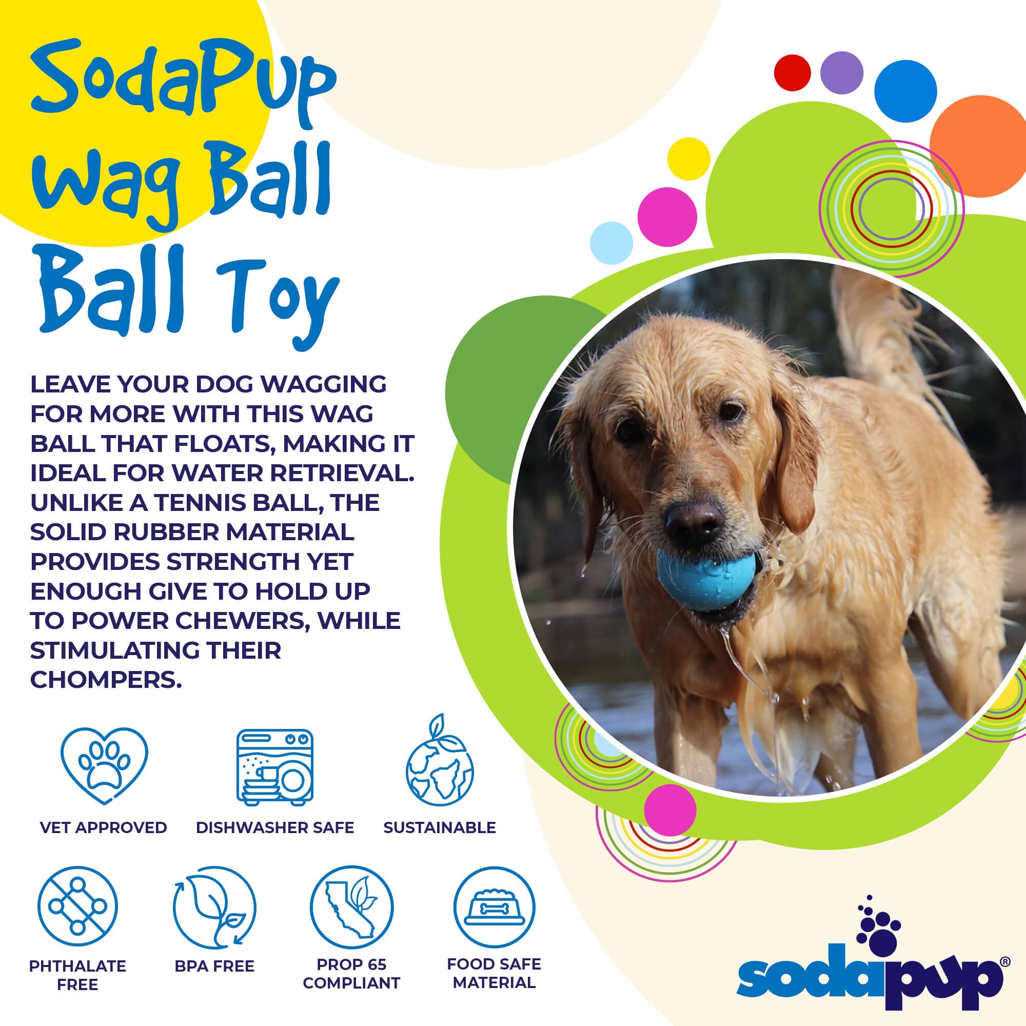 Wag Ball Rubber Dog Chew Toy for Heavy Chewers | Floating Fetch Toy | USA Made by SodaPup/True Dogs, LLC