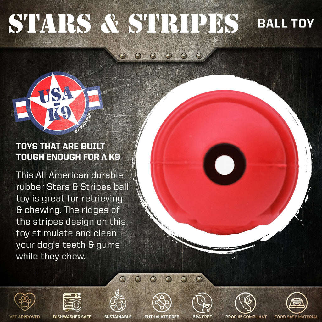 USA-K9 Stars and Stripes Rubber Dog Toy | K9 Handler Reward Toy | Red | USA Made by SodaPup/True Dogs, LLC