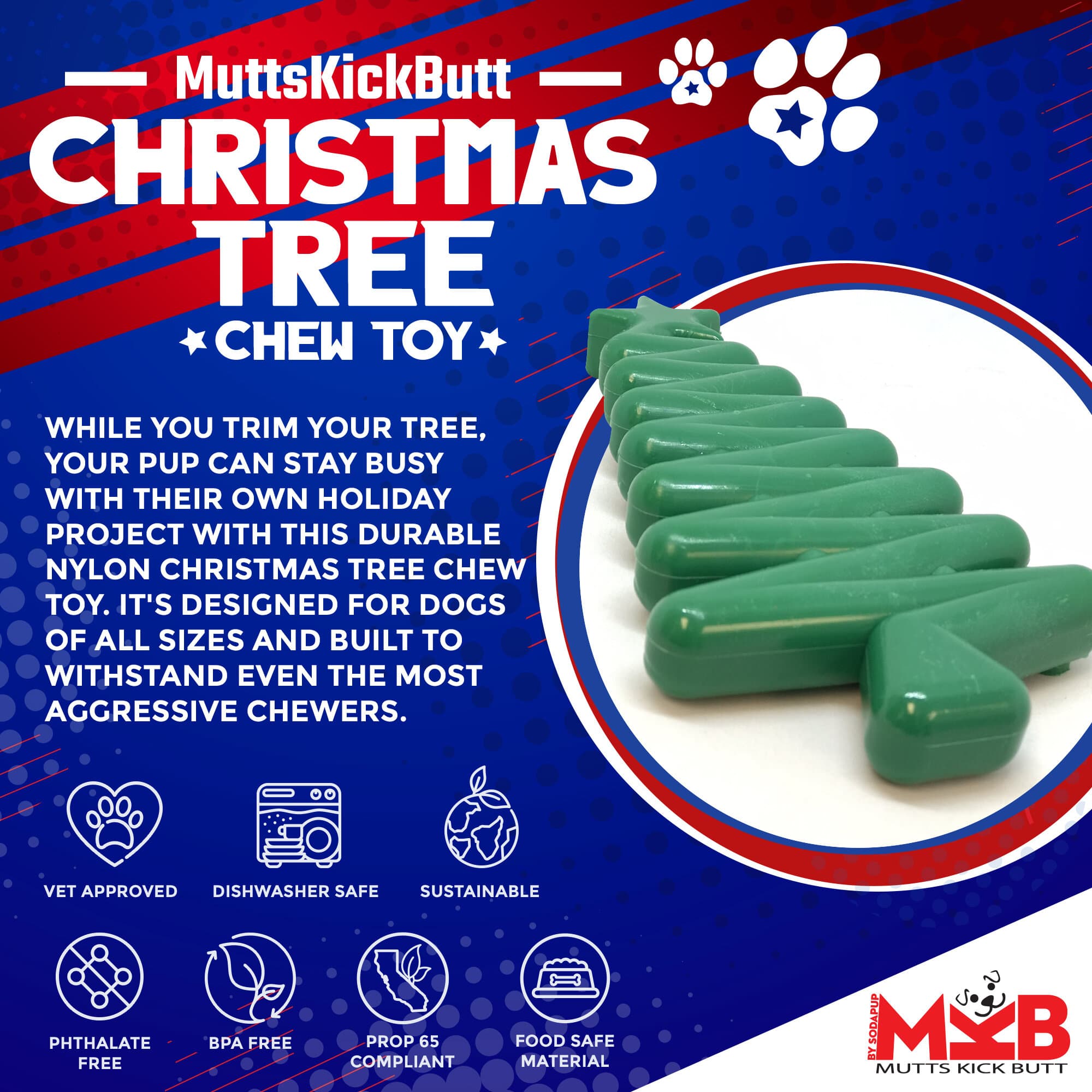 Christmas Tree Nylon Dog Chew Toy for Aggressive Chewers | USA Made & FDA Compliant