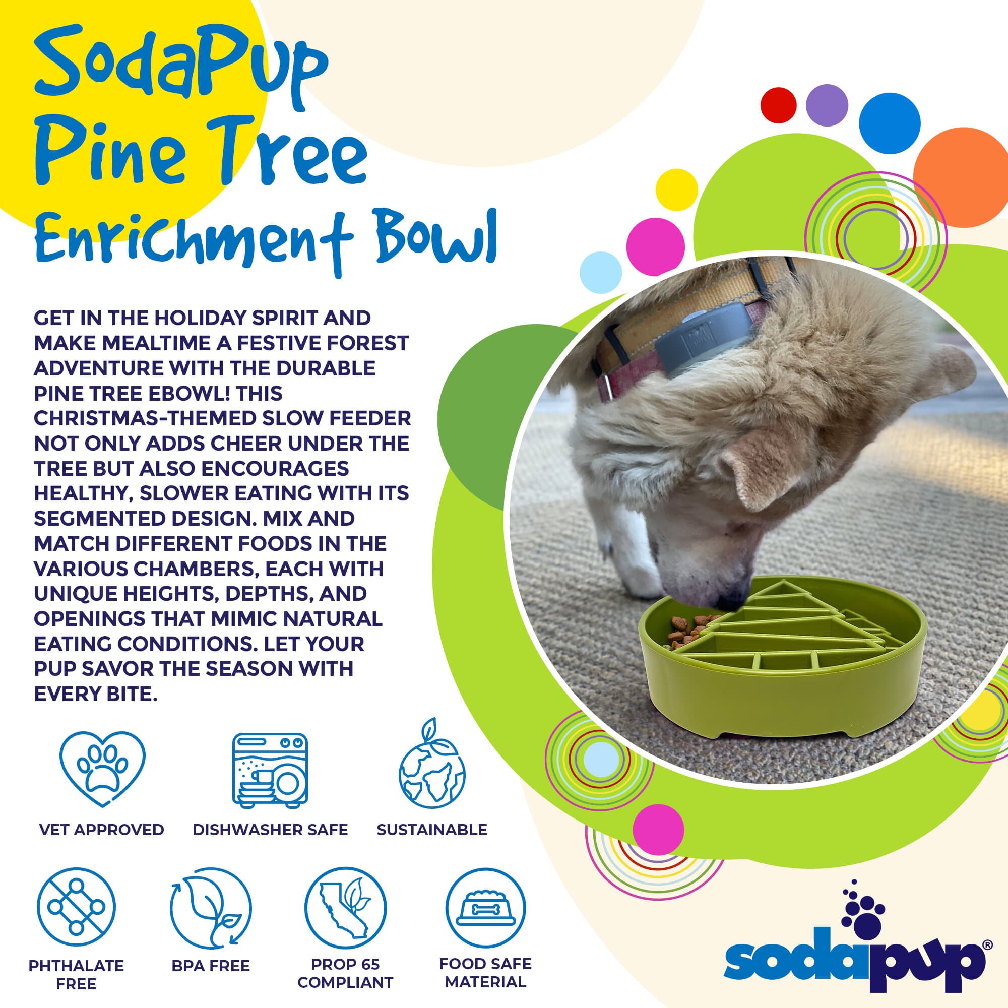 Pine Tree Christmas eBowl Deep Slow Feeder Dog Bowl for Enrichment | USA Made by SodaPup/True Dogs, LLC