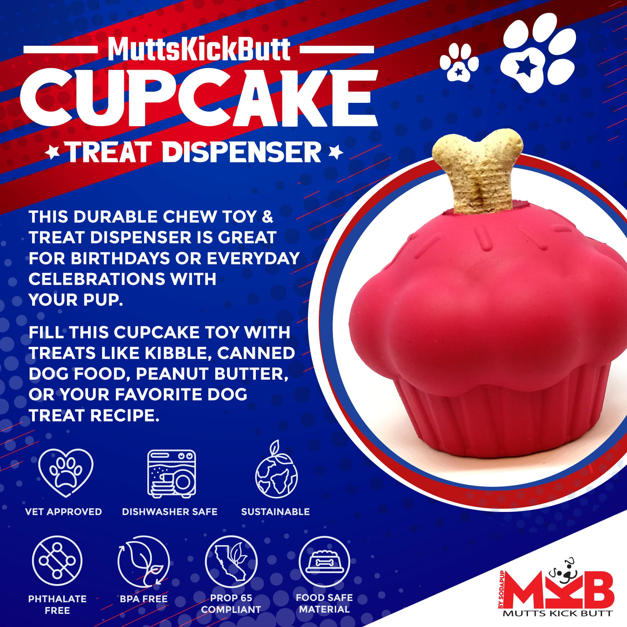 Cupcake eDispenser - Durable Rubber Chew Toy & Treat Dispenser | USA Made by SodaPup/True Dogs, LLC