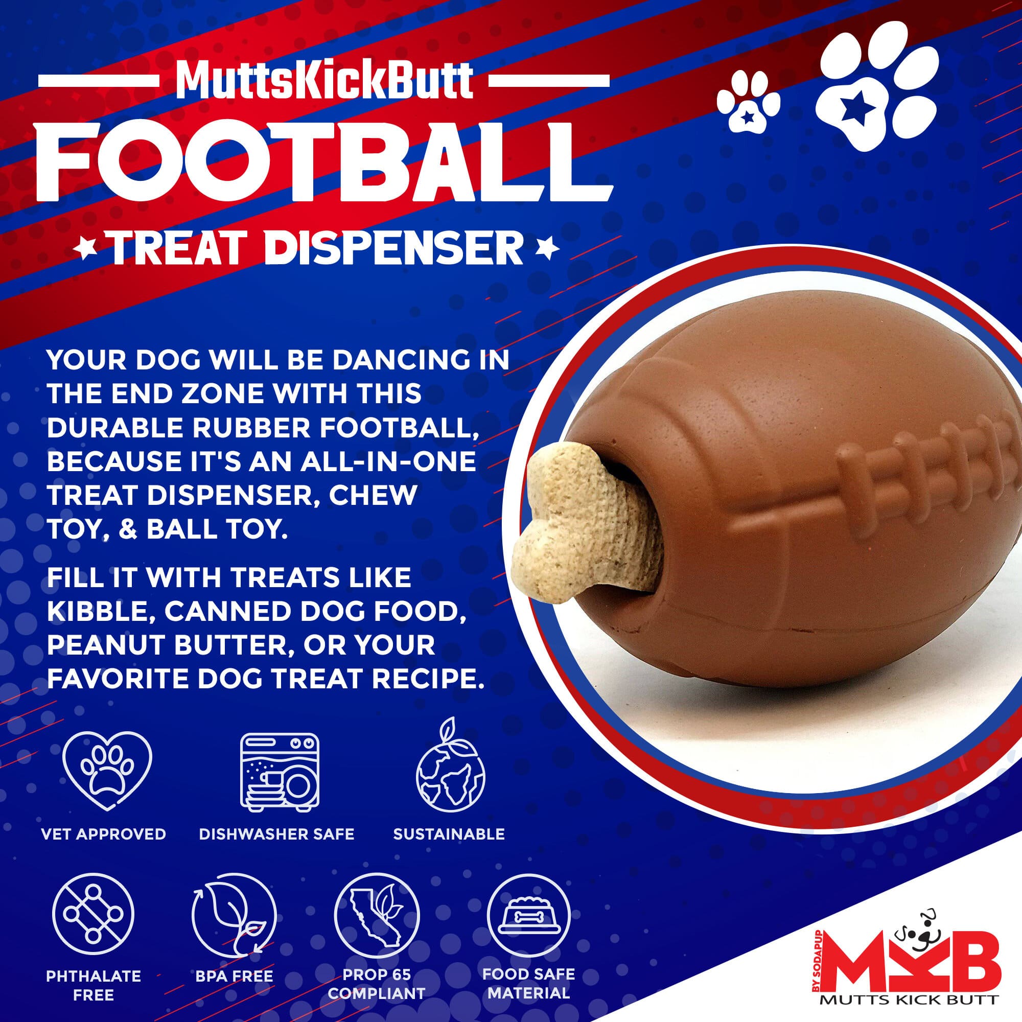 Football Dog Chew Toy & Treat Dispenser - USA Made | SodaPup by SodaPup/True Dogs, LLC