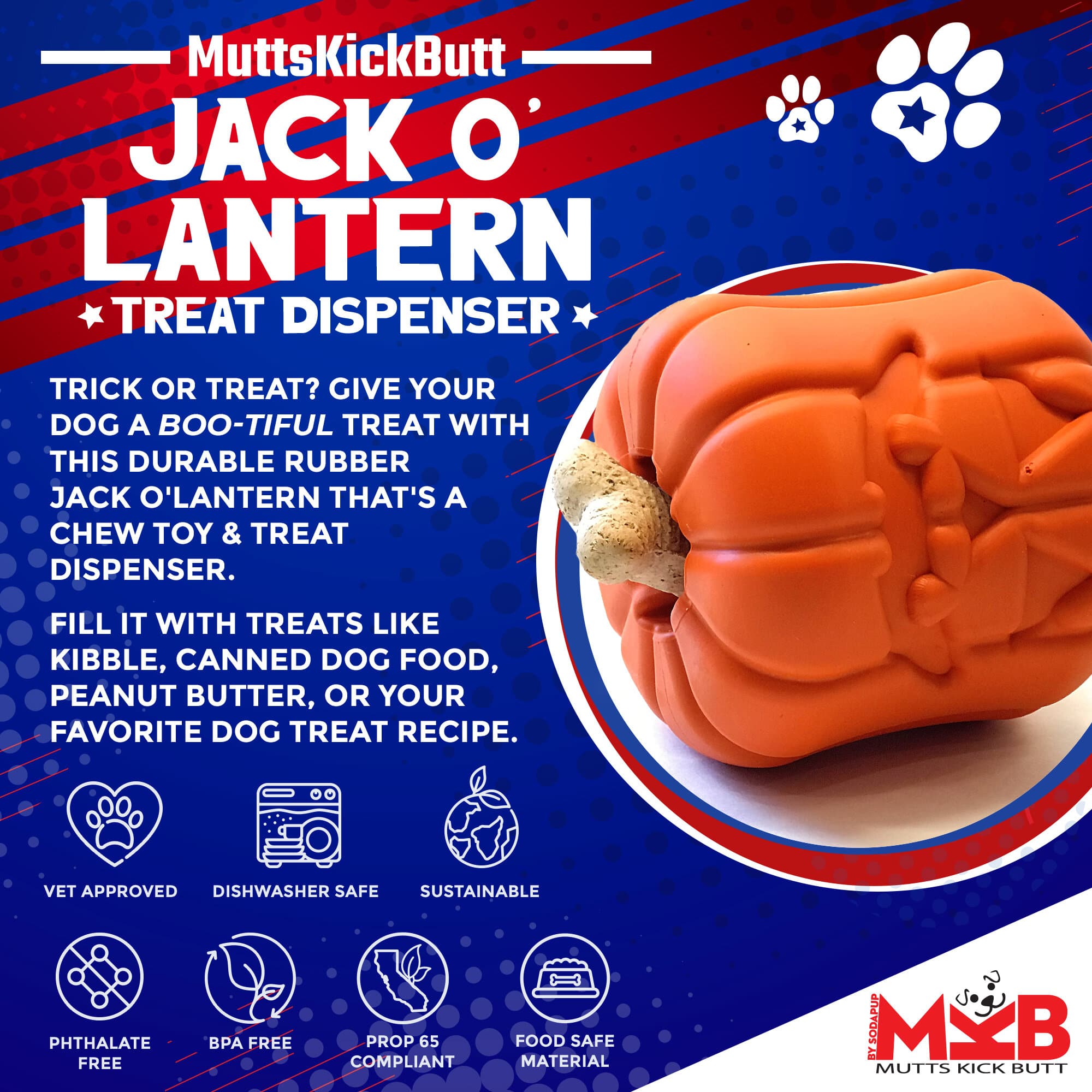 Jack O' Lantern Dog Toy - Durable Halloween Chew Toy for Large Dogs | USA Made by SodaPup/True Dogs, LLC